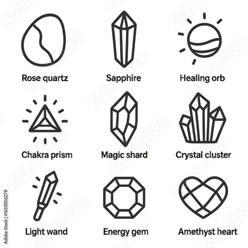 Gemstone Healing Icons. Outline icon set of gemstone healing: rose quartz, sapphire crystal, healing orb, chakra prism, magic