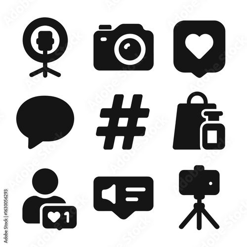 Influencer Marketing Icons. Solid, filled icons set of influencer marketing: ring light, selfie camera, social