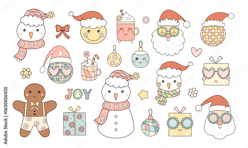 Fototapeta premium Retro Christmas clipart set with cute Santa, snowman, gifts and ornaments. Holiday seasonal objects in cartoon vector style.