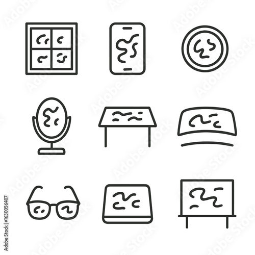 Smudge Icons Set. Outline icon set of smudge on surfaces: glass window, smartphone screen, camera lens, mirror, tabletop, car