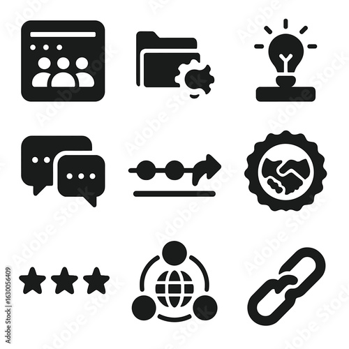 Innovation Platform Icons. Solid, filled icons set of open innovation platforms: community dashboard, shared