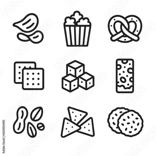 Snack Icon Grid. Outline icon set of snack foods: potato chips, popcorn, pretzels, crackers, cheese cubes, granola bar, trail mix,