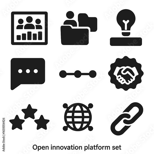 Innovation Platform Icons. Solid, filled icons set of open innovation platforms: community dashboard, shared