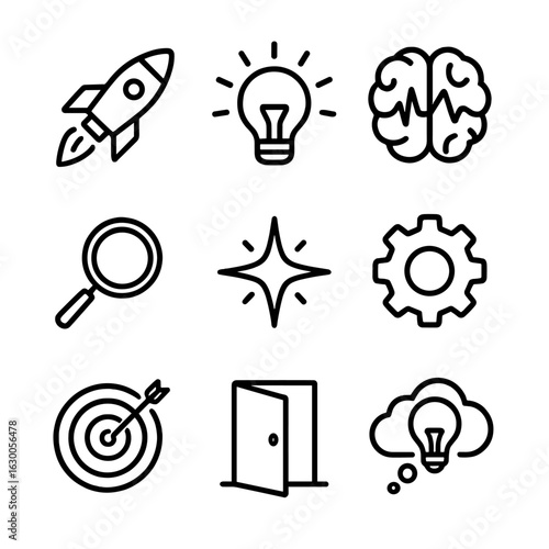 Innovative Icons Grid. Outline icon set of innovative moments: rocket, lightbulb, brainwave, magnifying glass,