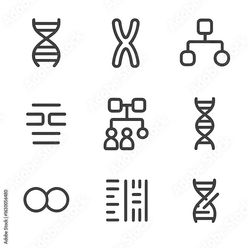 Genetic Icon Set. Outline icon set of genetic bonds: DNA strand, chromosome, family tree, gene sequence, inheritance, double helix