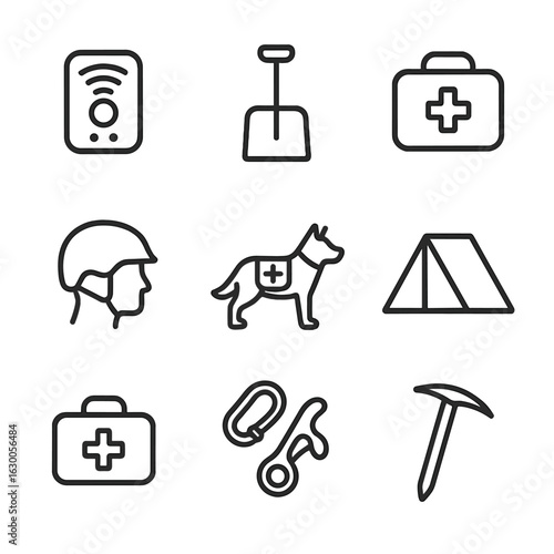 Snow Rescue Tools Icons. Outline icon set of snowy rescue tools: avalanche beacon, snow shovel, emergency kit, snow helmet, rescue