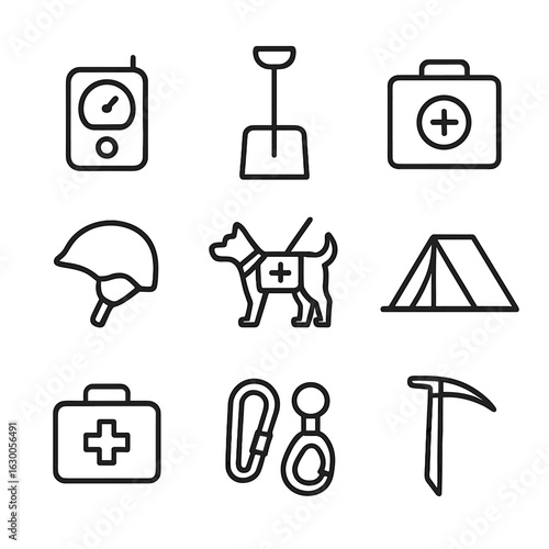 Snow Rescue Tools Icons. Outline icon set of snowy rescue tools: avalanche beacon, snow shovel, emergency kit, snow helmet, rescue