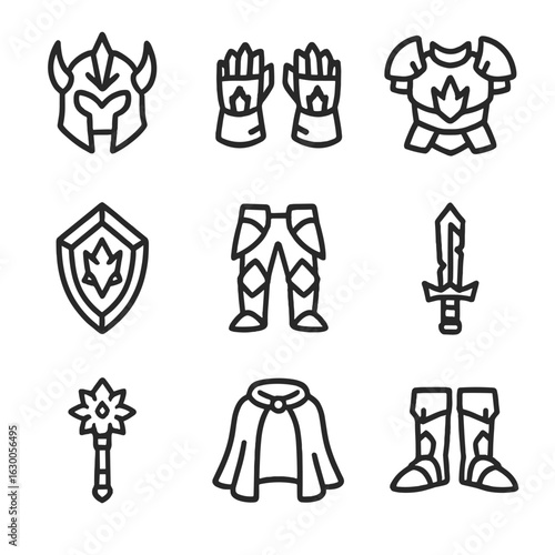 Snow Warrior Armory. Outline icon set of snow warrior armor: icy helm, frozen gauntlets, frost breastplate, crystal shield,