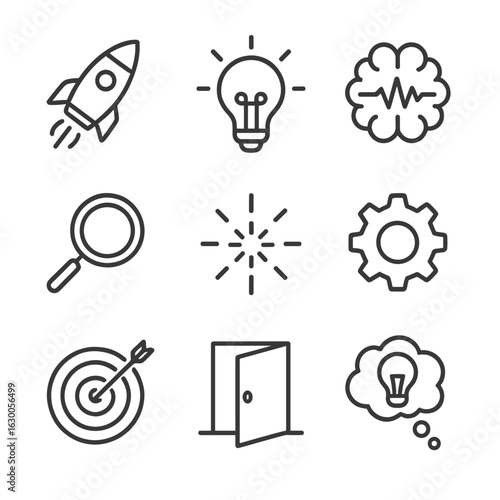 Innovative Icons Grid. Outline icon set of innovative moments: rocket, lightbulb, brainwave, magnifying glass,