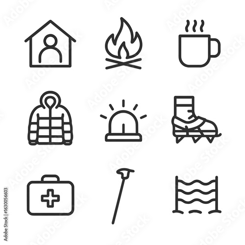 Snowstorm Safety Icons. Outline icon set of snowstorm safety: shelter, fire, hot drink, warm clothing, emergency signal, ice