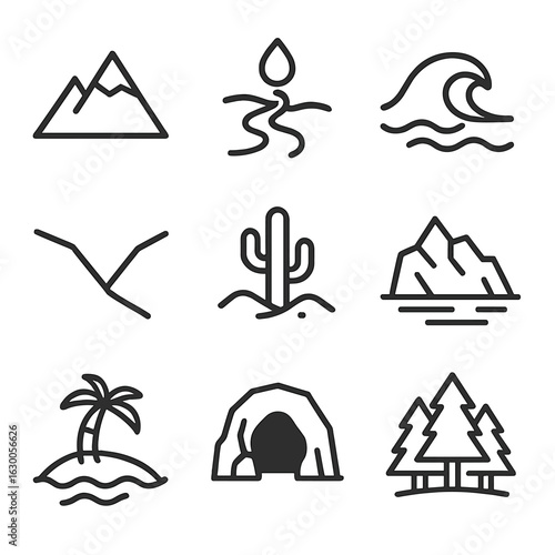 Geography Icon Set. Outline icon set of origin in geography: mountain, river source, ocean wave, valley, desert, glacier, island,