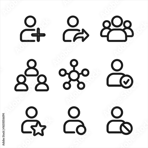 Social Avatar Icons. Outline icon set of social avatars: friend request, follow user, user group, avatar connection, user network,