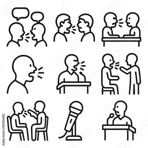 Social Interaction Icon Set. Outline icon set of shout in social interactions: conversation, argument, debate, emotional outburst,
