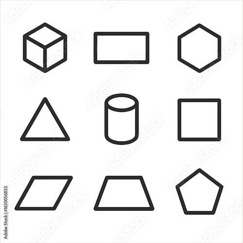 Geometric Shape Icons. Outline icon set of rigid shapes: cube, rectangle, hexagon, triangle, cylinder, square, parallelogram,