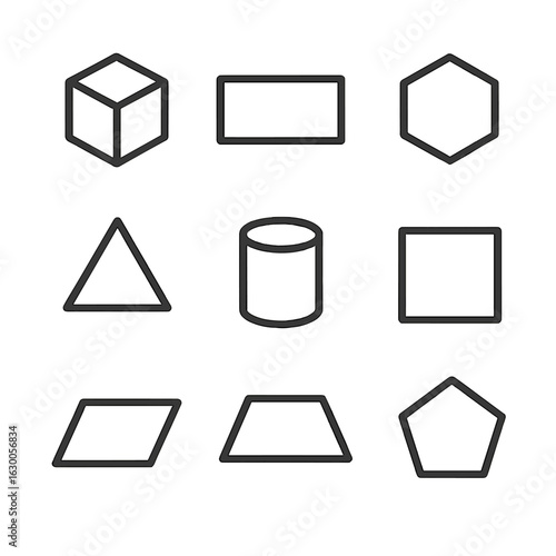 Geometric Shape Icons. Outline icon set of rigid shapes: cube, rectangle, hexagon, triangle, cylinder, square, parallelogram,