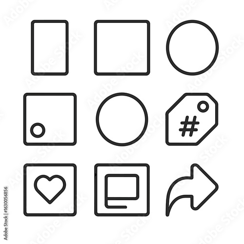 Social Media Icon Set. Outline icon set of social media framing: story frame, post border, highlight circle, feed card outline,
