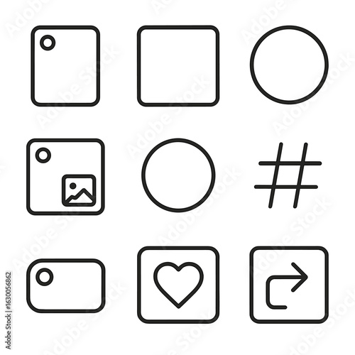 Social Media Icon Set. Outline icon set of social media framing: story frame, post border, highlight circle, feed card outline,