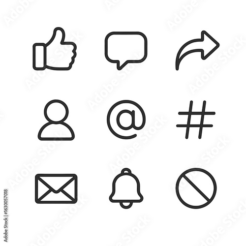 Social Media Icons Grid. Outline icon set of social media interactions: like, comment, share, follow, mention, hashtag, direct