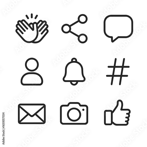Social Media Icons. Outline icon set of clapping and social media: like button, share icon, comment bubble, follower, notification