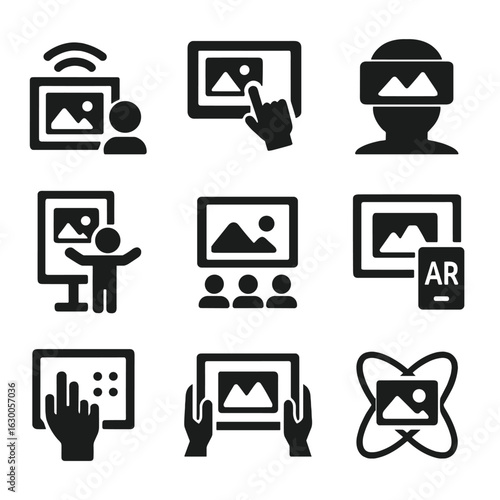 Interactive Art Icons. Solid, filled icons set of interactive art displays: motion sensor, touch screen,