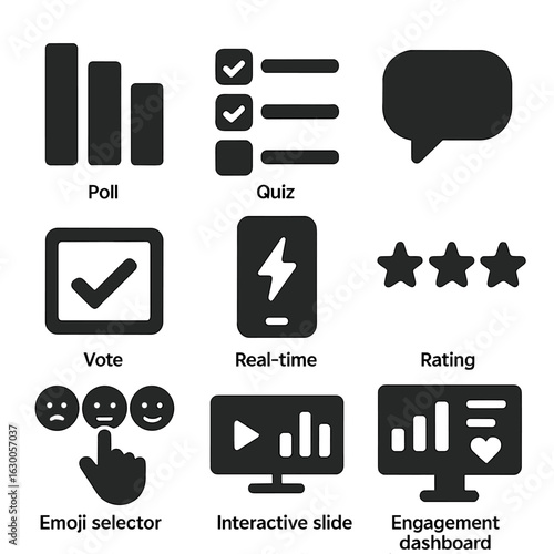 Interactive Content Icons. Solid, filled icons set of interactive content tools: poll icon, quiz symbol,