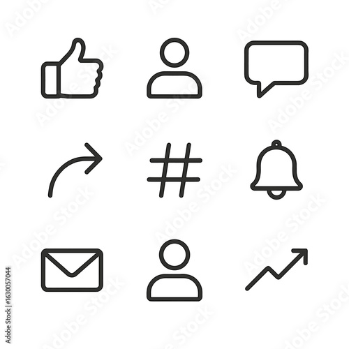 Social Media Icons. Outline icon set of social media connections: like button, follower, comment, share, hashtag, notification