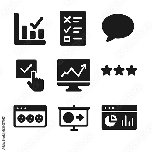 Interactive Content Icons. Solid, filled icons set of interactive content tools: poll icon, quiz symbol,