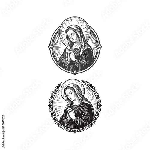 Vintage engraving of the Virgin Mary in detailed black-and-white line art style