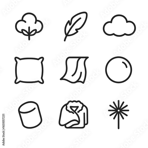 Softness Icon Set. Outline icon set of softness: cotton ball, feather, cloud, pillow, silk fabric, bubble, marshmallow, fleece,