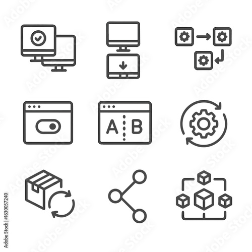 Software Deployment Icons. Outline icon set of software deployment strategies: blue-green deployment, canary release, rolling