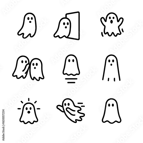 Ghostly Icon Collection. Outline icon set of ghost activities: floating, passing through walls, haunting, whispering, disappearing