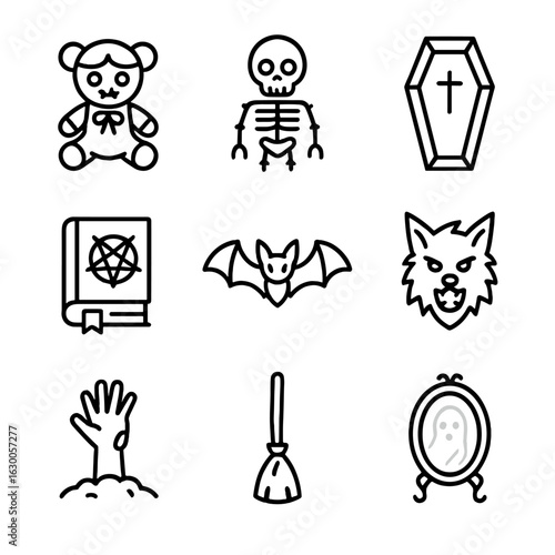 Ghostly Icon Collection. Outline icon set of ghost stories and folklore: haunted doll, skeleton, coffin, cursed book, vampire bat,