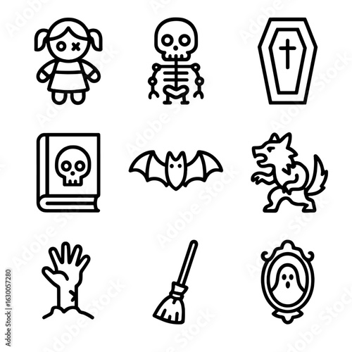 Ghostly Icon Collection. Outline icon set of ghost stories and folklore: haunted doll, skeleton, coffin, cursed book, vampire bat,
