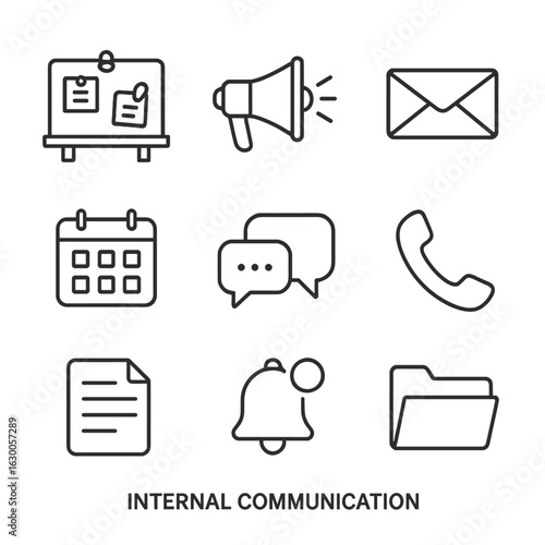 Internal Communication Icons. Outline icon set of internal communication: bulletin board, megaphone, email,