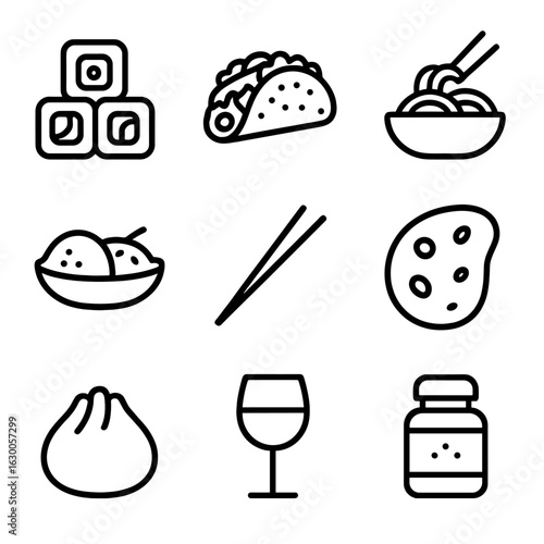 International Cuisine Icons. Outline icon set of international cuisine events: sushi, taco, pasta bowl, curry