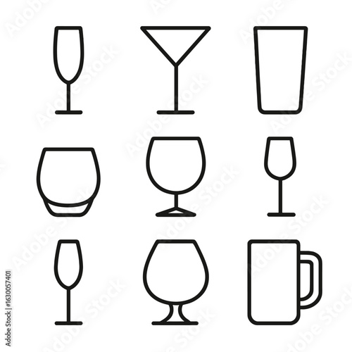 Glassware Icon Set. Outline icon set of glass types: champagne flute, martini glass, pint glass, beer mug, stemless glass, goblet,