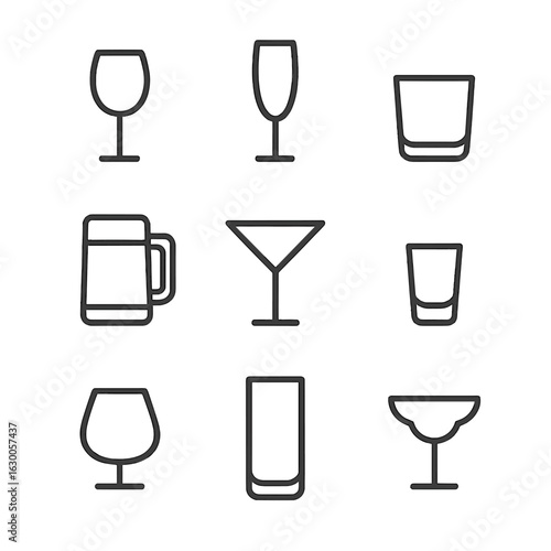 Glassware Icons Collection. Outline icon set of glassware types: wine glass, champagne flute, whiskey tumbler, beer mug, martini