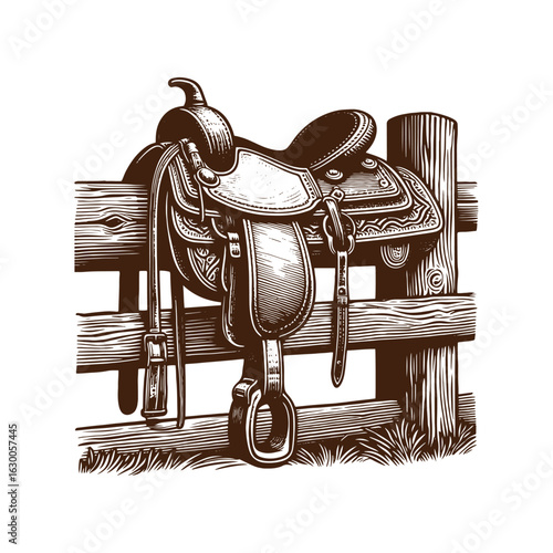 Western Saddle on Fence Post – Black and White Vector Illustration for Tracing or Engraving