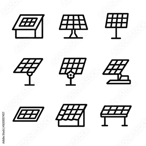 Solar Panel Icons. Outline icon set of solar panel installation methods: rooftop mount, ground mount, pole mount, single-axis