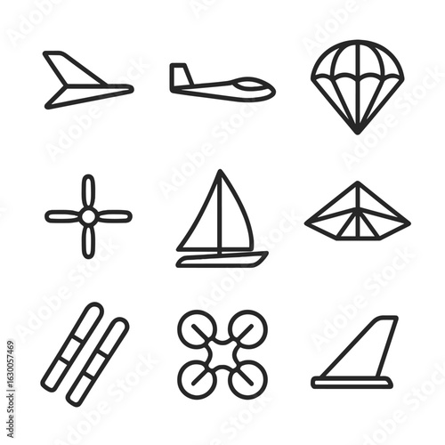 Glide Vehicle Icons. Outline icon set of glide vehicle parts: airplane wings, glider frame, parachute canopy, helicopter blades,