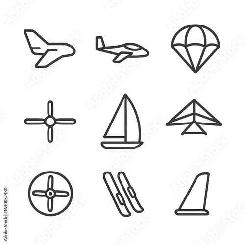 Glide Vehicle Icons. Outline icon set of glide vehicle parts: airplane wings, glider frame, parachute canopy, helicopter blades,