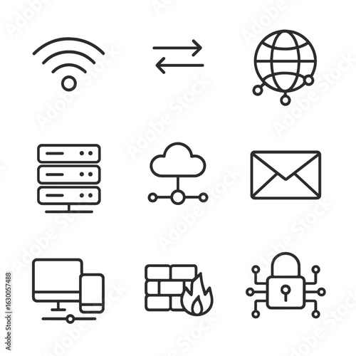 Internet Icons Grid. Outline icon set of internet networking: Wi-Fi signal, data exchange, global network,