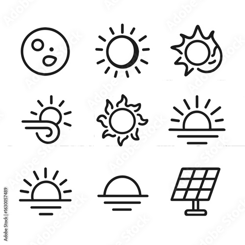 Solar Phenomena Icons. Outline icon set of solar phenomena: sunspot, solar eclipse, solar flare, solar wind, corona, sun rays,