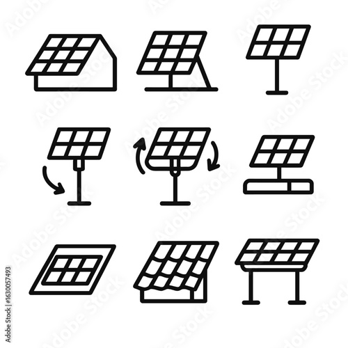 Solar Panel Icons. Outline icon set of solar panel installation methods: rooftop mount, ground mount, pole mount, single-axis