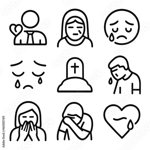 Sorrow Icons Grid. Outline icon set of cry in sorrow: mourning, grief tears, sorrowful face, sad eyes, loss grief, mourning