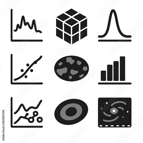 Interstellar Analysis Icons. Solid, filled icons set of data analysis in interstellar studies: spectral graph,