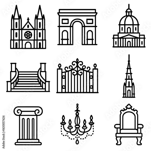 Glorious Architecture Icons. Outline icon set of glorious architecture: towering cathedral, majestic arch, ornate dome, grand
