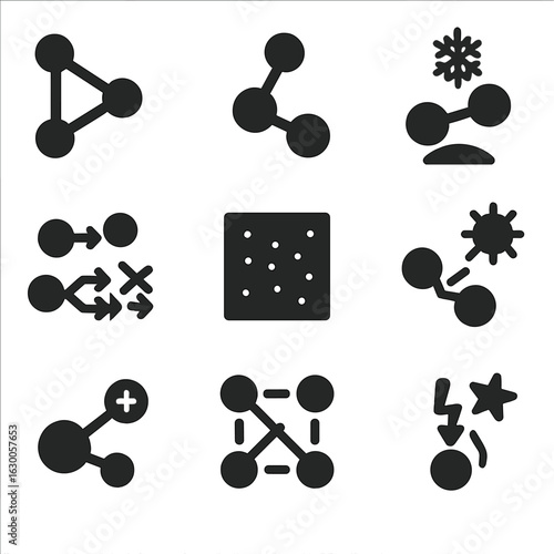 Interstellar Chemistry Icons. Solid, filled icons set of interstellar chemistry: reaction pathway, molecule