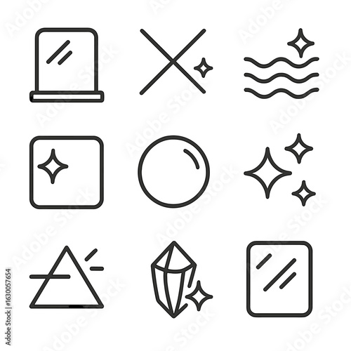Glossy Icon Set. Outline icon set of glass-like reflections: mirror reflection, light glare, water reflection, shiny surface,