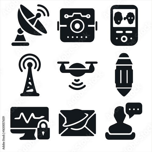 Interstellar Communication Icons. Solid, filled icons set of interstellar communication tools: satellite dish,
